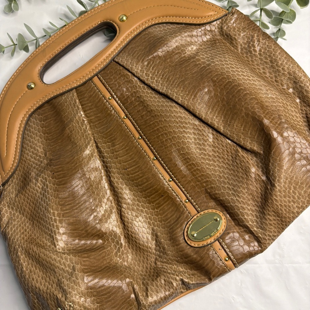 Nine West Brown and Beige Retro Snake Pattern Top Handle Purse‎ Clutch